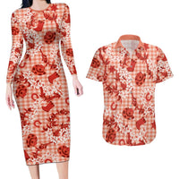 Mokihana Maile Ilima Leis Paniolo Palaka Couples Matching Long Sleeve Bodycon Dress and Hawaiian Shirt Hawaiian Ulaula Spirit - Polynesian Pride