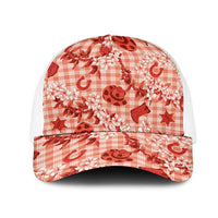 Mokihana Maile Ilima Leis Paniolo Palaka Mesh Trucker Cap Hawaiian Ulaula Spirit LT9 One Size White Red - Polynesian Pride