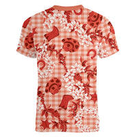 Mokihana Maile Ilima Leis Paniolo Palaka Women V-Neck T-Shirt Hawaiian Ulaula Spirit - Polynesian Pride