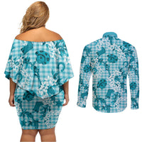 Mokihana Maile Ilima Leis Paniolo Palaka Couples Matching Off Shoulder Short Dress and Long Sleeve Button Shirt Hawaiian Polu Opa Spirit - Polynesian Pride