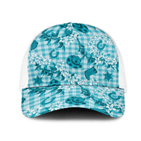 Mokihana Maile Ilima Leis Paniolo Palaka Mesh Trucker Cap Hawaiian Polu Opa Spirit LT9 One Size White Turquoise - Polynesian Pride