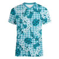 Mokihana Maile Ilima Leis Paniolo Palaka Women V-Neck T-Shirt Hawaiian Polu Opa Spirit - Polynesian Pride