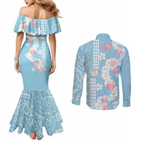 Blue Hawaii Anthurium Plumeria Lei Couples Matching Mermaid Dress and Long Sleeve Button Shirt LT9 - Polynesian Pride