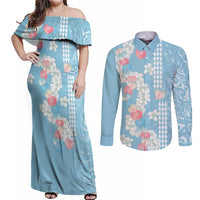 Blue Hawaii Anthurium Plumeria Lei Couples Matching Off Shoulder Maxi Dress and Long Sleeve Button Shirt LT9 Blue - Polynesian Pride