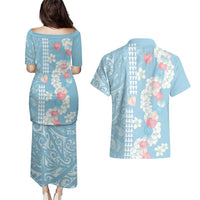 Blue Hawaii Anthurium Plumeria Lei Couples Matching Puletasi and Hawaiian Shirt LT9 - Polynesian Pride