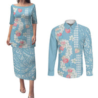 Blue Hawaii Anthurium Plumeria Lei Couples Matching Puletasi and Long Sleeve Button Shirt LT9 Blue - Polynesian Pride