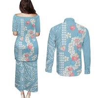 Blue Hawaii Anthurium Plumeria Lei Couples Matching Puletasi and Long Sleeve Button Shirt LT9 - Polynesian Pride