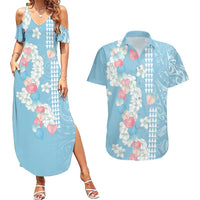 Blue Hawaii Anthurium Plumeria Lei Couples Matching Summer Maxi Dress and Hawaiian Shirt LT9 Blue - Polynesian Pride