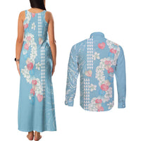 Blue Hawaii Anthurium Plumeria Lei Couples Matching Tank Maxi Dress and Long Sleeve Button Shirt LT9 - Polynesian Pride