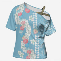 Blue Hawaii Anthurium Plumeria Lei Cross Shoulder Shirt LT9 Female Blue - Polynesian Pride