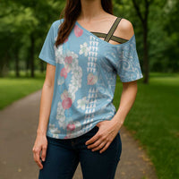 Blue Hawaii Anthurium Plumeria Lei Cross Shoulder Shirt LT9 - Polynesian Pride