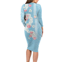 Blue Hawaii Anthurium Plumeria Lei Family Matching Long Sleeve Bodycon Dress and Hawaiian Shirt