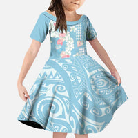 Blue Hawaii Anthurium Plumeria Lei Family Matching Off The Shoulder Long Sleeve Dress and Hawaiian Shirt