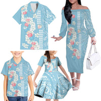 Blue Hawaii Anthurium Plumeria Lei Family Matching Off The Shoulder Long Sleeve Dress and Hawaiian Shirt