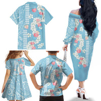 Blue Hawaii Anthurium Plumeria Lei Family Matching Off The Shoulder Long Sleeve Dress and Hawaiian Shirt