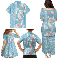 Blue Hawaii Anthurium Plumeria Lei Family Matching Puletasi and Hawaiian Shirt