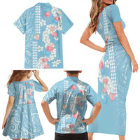 Blue Hawaii Anthurium Plumeria Lei Family Matching Short Sleeve Bodycon Dress and Hawaiian Shirt