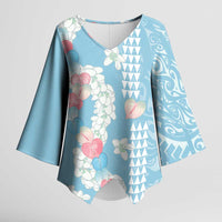 Blue Hawaii Anthurium Plumeria Lei Kimono Sleeve Blouse LT9 Female Blue - Polynesian Pride