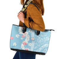 Blue Hawaii Anthurium Plumeria Lei Leather Tote Bag LT9 Blue - Polynesian Pride