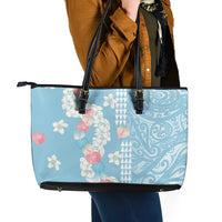 Blue Hawaii Anthurium Plumeria Lei Leather Tote Bag LT9 - Polynesian Pride
