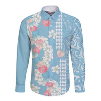 Blue Hawaii Anthurium Plumeria Lei Long Sleeve Button Shirt LT9 Unisex Blue - Polynesian Pride