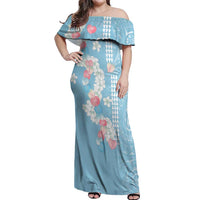 Blue Hawaii Anthurium Plumeria Lei Off Shoulder Maxi Dress LT9 Women Blue - Polynesian Pride