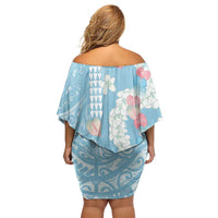 Blue Hawaii Anthurium Plumeria Lei Off Shoulder Short Dress LT9 - Polynesian Pride