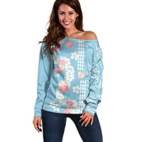 Blue Hawaii Anthurium Plumeria Lei Off Shoulder Sweater LT9 Women Blue - Polynesian Pride