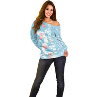 Blue Hawaii Anthurium Plumeria Lei Off Shoulder Sweater LT9 - Polynesian Pride