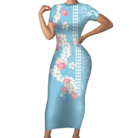 Blue Hawaii Anthurium Plumeria Lei Short Sleeve Bodycon Dress LT9 Long Dress Blue - Polynesian Pride