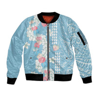 Blue Hawaii Anthurium Plumeria Lei Sleeve Zip Bomber Jacket LT9 Unisex Blue - Polynesian Pride