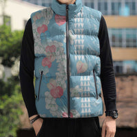 Blue Hawaii Anthurium Plumeria Lei Sleeveless Puffer Jacket LT9 - Polynesian Pride