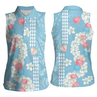 Blue Hawaii Anthurium Plumeria Lei Women Sleeveless Polo Shirt LT9 - Polynesian Pride
