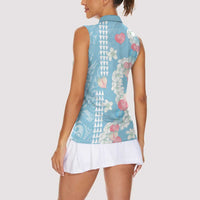 Blue Hawaii Anthurium Plumeria Lei Women Sleeveless Polo Shirt LT9 - Polynesian Pride