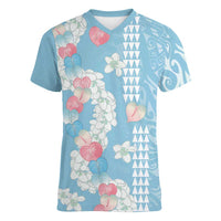 Blue Hawaii Anthurium Plumeria Lei Women V-Neck T-Shirt LT9 Female Blue - Polynesian Pride