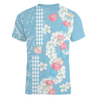 Blue Hawaii Anthurium Plumeria Lei Women V-Neck T-Shirt LT9 - Polynesian Pride