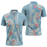 Blue Hawaii Anthurium Plumeria Lei Zipper Polo Shirt LT9 - Polynesian Pride