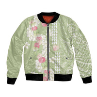 Leaf Green Hawaii Anthurium Plumeria Lei Bomber Jacket LT9 Unisex Green - Polynesian Pride