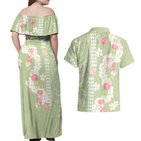 Leaf Green Hawaii Anthurium Plumeria Lei Couples Matching Off Shoulder Maxi Dress and Hawaiian Shirt LT9 - Polynesian Pride