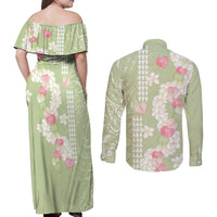 Leaf Green Hawaii Anthurium Plumeria Lei Couples Matching Off Shoulder Maxi Dress and Long Sleeve Button Shirt LT9 - Polynesian Pride