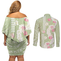 Leaf Green Hawaii Anthurium Plumeria Lei Couples Matching Off Shoulder Short Dress and Long Sleeve Button Shirt LT9 - Polynesian Pride