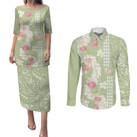Leaf Green Hawaii Anthurium Plumeria Lei Couples Matching Puletasi and Long Sleeve Button Shirt LT9 Green - Polynesian Pride