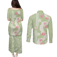 Leaf Green Hawaii Anthurium Plumeria Lei Couples Matching Puletasi and Long Sleeve Button Shirt LT9 - Polynesian Pride