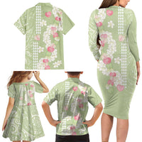 Leaf Green Hawaii Anthurium Plumeria Lei Family Matching Long Sleeve Bodycon Dress and Hawaiian Shirt
