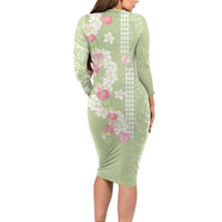 Leaf Green Hawaii Anthurium Plumeria Lei Family Matching Long Sleeve Bodycon Dress and Hawaiian Shirt