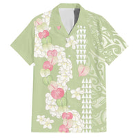 Leaf Green Hawaii Anthurium Plumeria Lei Family Matching Off Shoulder Maxi Dress and Hawaiian Shirt