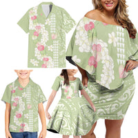Leaf Green Hawaii Anthurium Plumeria Lei Family Matching Off Shoulder Short Dress and Hawaiian Shirt