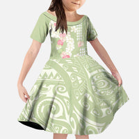 Leaf Green Hawaii Anthurium Plumeria Lei Kid Short Sleeve Dress LT9 KID Green - Polynesian Pride