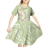 Leaf Green Hawaii Anthurium Plumeria Lei Kid Short Sleeve Dress LT9 - Polynesian Pride