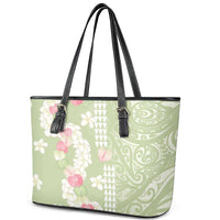 Leaf Green Hawaii Anthurium Plumeria Lei Leather Tote Bag LT9 - Polynesian Pride